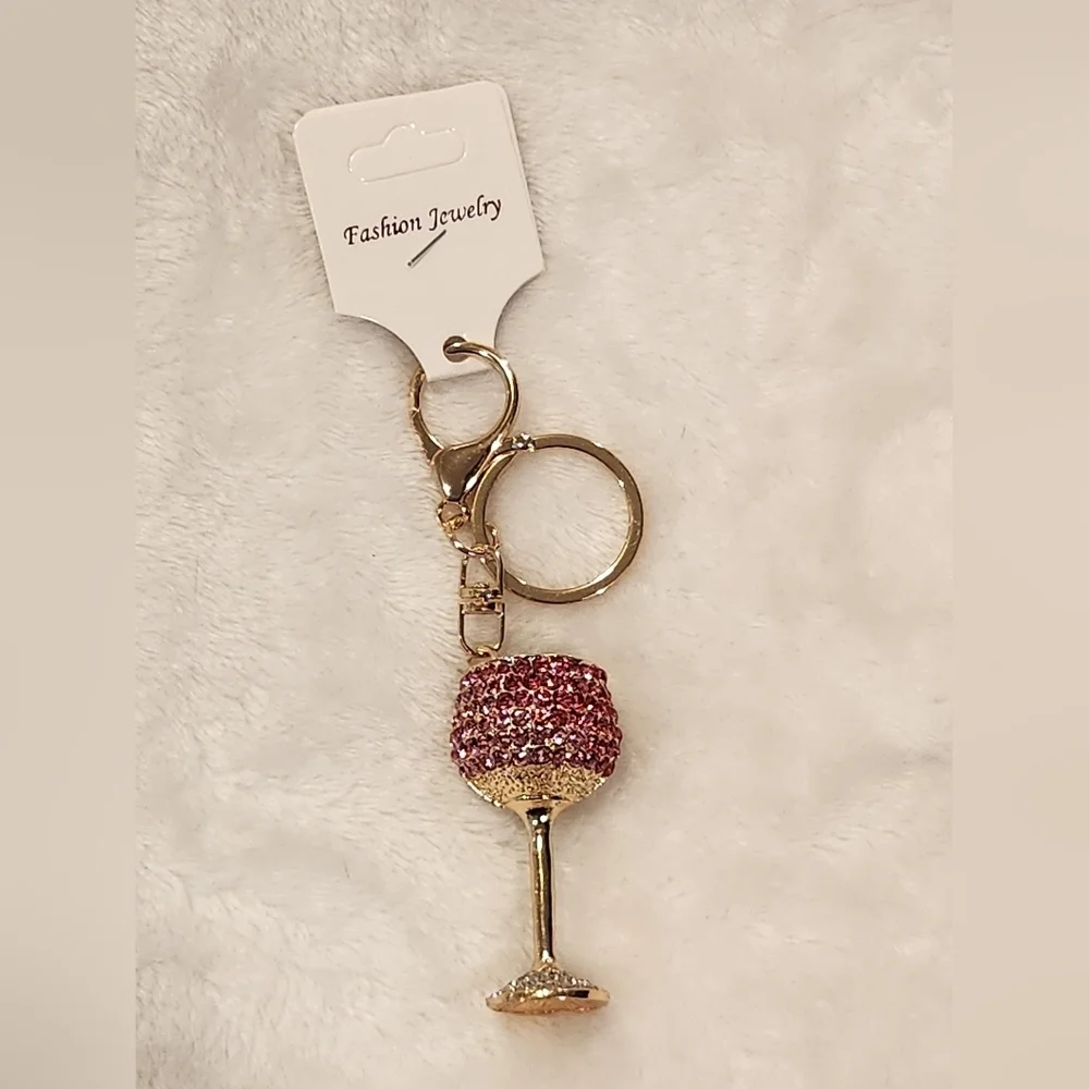 Wine Glass Pink and Gold Rhinestone Keychain Bag Charm